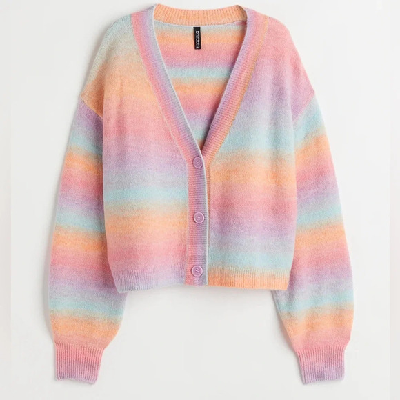 H&M pastel rainbow cardigan button down sweater vneck jacquard knit long sleeve - Picture 7 of 7